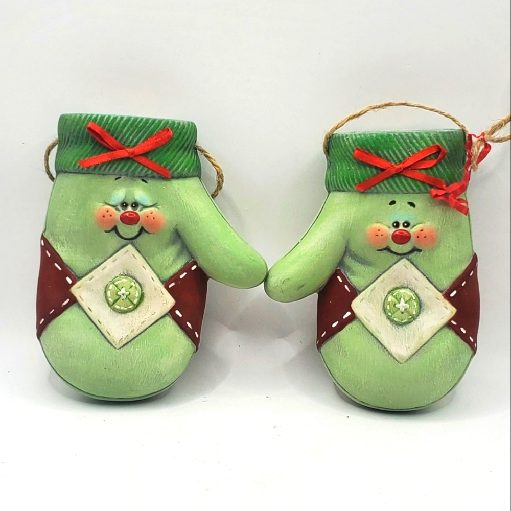 Vintage Ceramic Handpainted Christmas Stocking Winter Mittens Ornaments Set Of 2